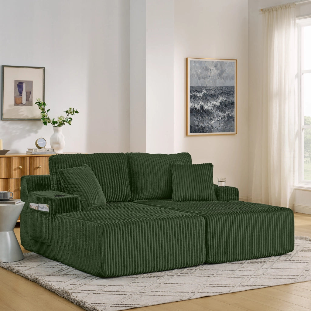 Divano letto a 2 posti modulare in tessuto a coste con tasca laterale, portabicchieri e cuscini, verde