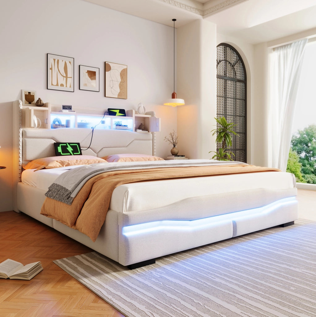 Letto imbottito ULEVR 160x200 cm con contenitore idraulico, LED, prese USB e Type-C, lino beige