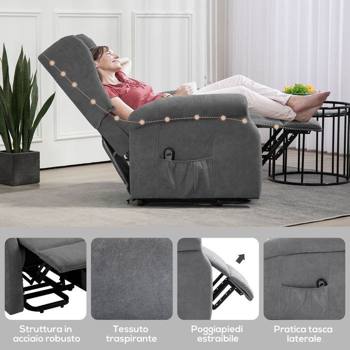 Poltrona Reclinabile Alzapersona 74x94x111 cm con Telecomando in Tessuto Effetto Lino Grigio Scuro