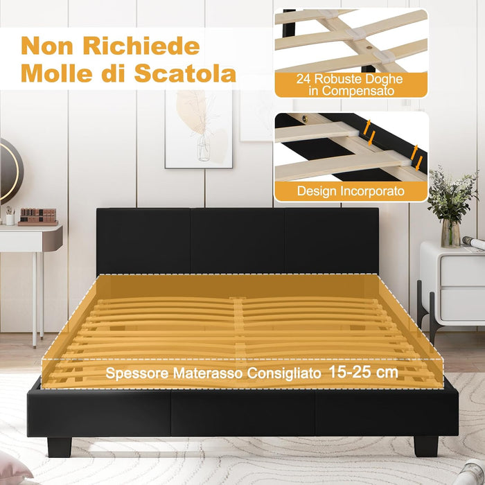 Letto Matrimoniale in Legno, Struttura per Letto Con Testiera Imbottita Luce LED Multicolore e Telecomando, Carico 200 kg, Silenzioso (Nero)