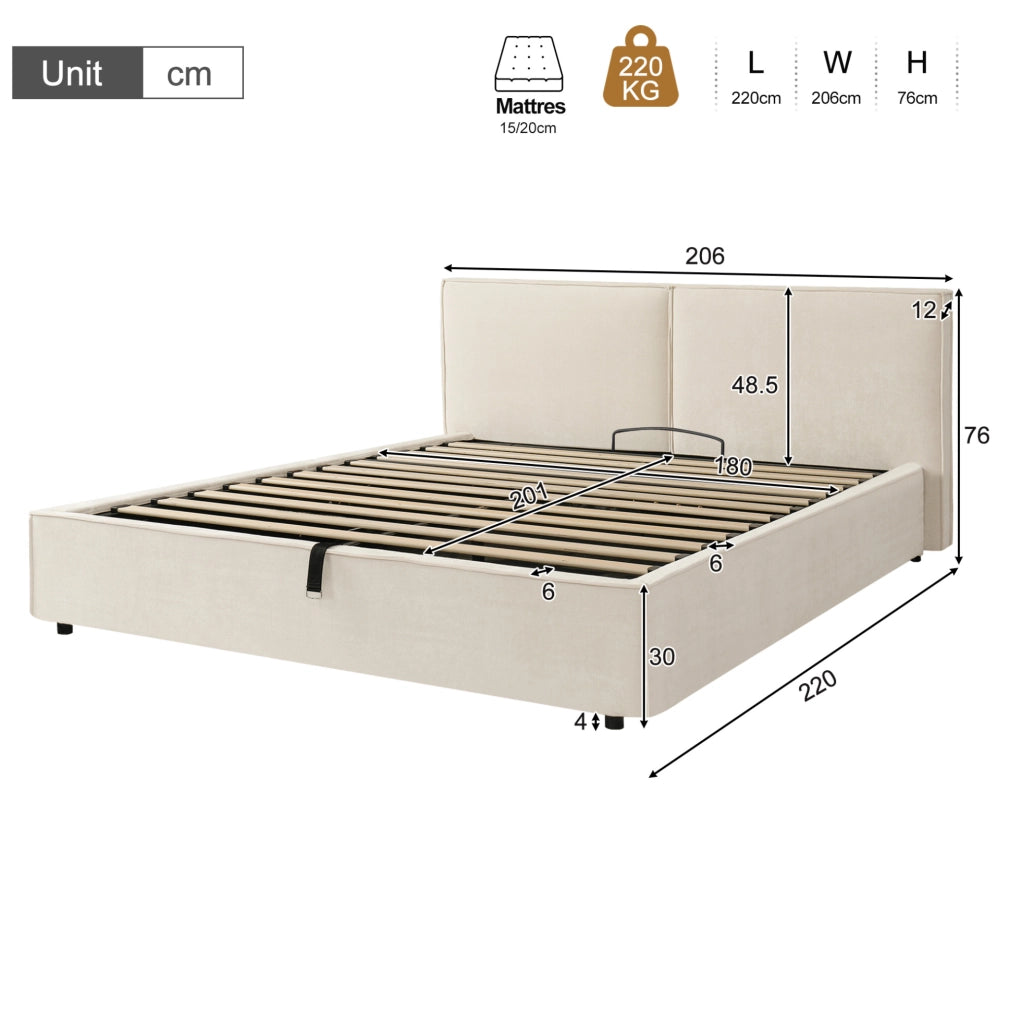 Letto matrimoniale 180x200 cm con contenitore idraulico; testiera imbottita in chenille beige