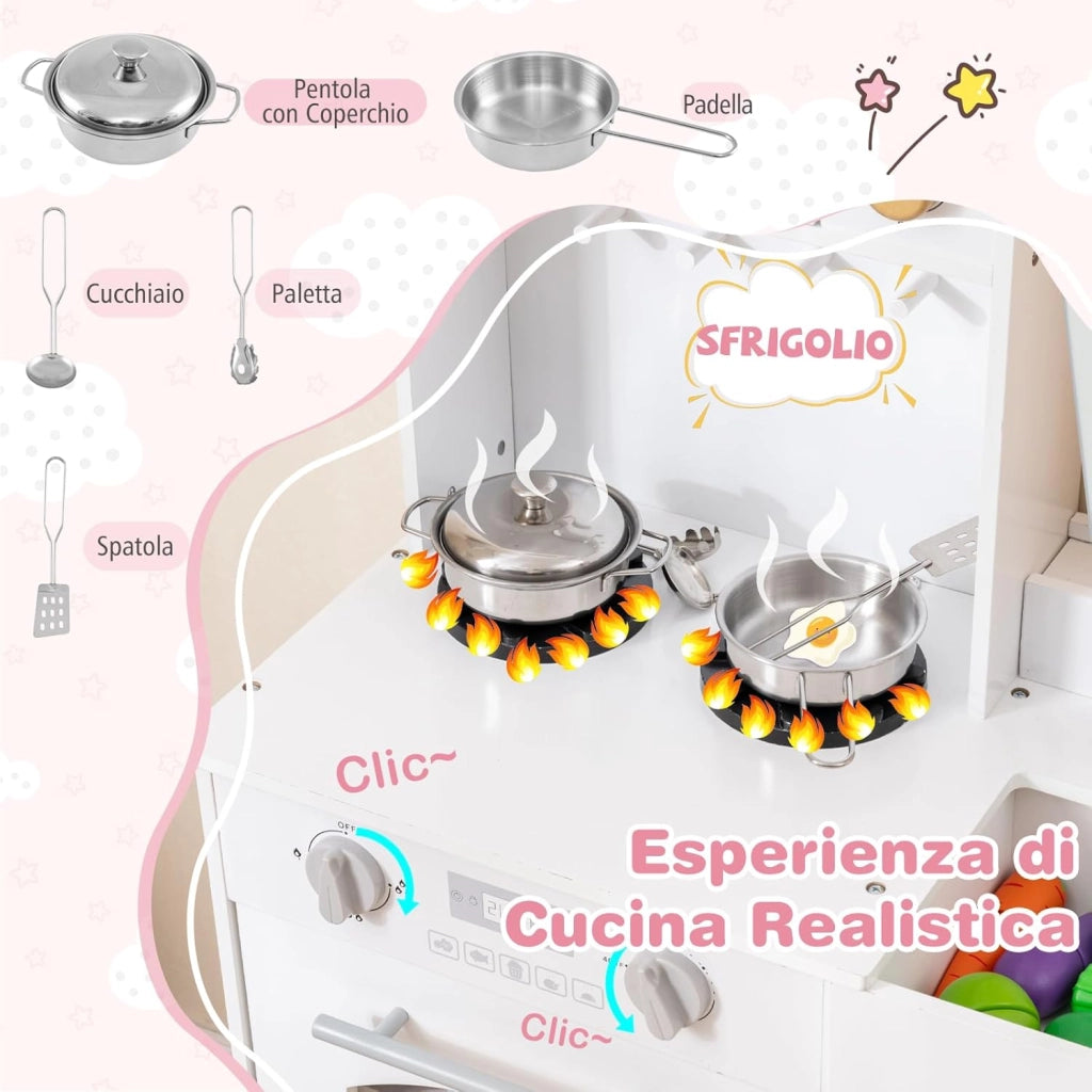 Cucina Giocattolo per Bambini, Cucina Finta in Legno Regolabile in Altezza, Forno a Microonde, Fornelli, Lavello, Forno, Fabbricatore di Ghiaccio, Cucinetta Giocattolo con Tende, per 3+ Anni