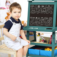 3 in 1 Cavalletto per Bambini con Doppia Faccia, Cavalletto per Disegno con 2 Vassoi e 2 Scatole, Lavagna Bambini in Legno (Blu)