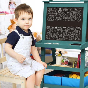 3 in 1 Cavalletto per Bambini con Doppia Faccia, Cavalletto per Disegno con 2 Vassoi e 2 Scatole, Lavagna Bambini in Legno (Blu)