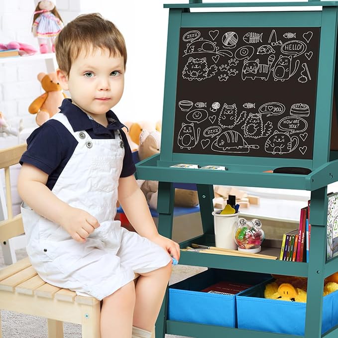 3 in 1 Cavalletto per Bambini con Doppia Faccia, Cavalletto per Disegno con 2 Vassoi e 2 Scatole, Lavagna Bambini in Legno (Blu)