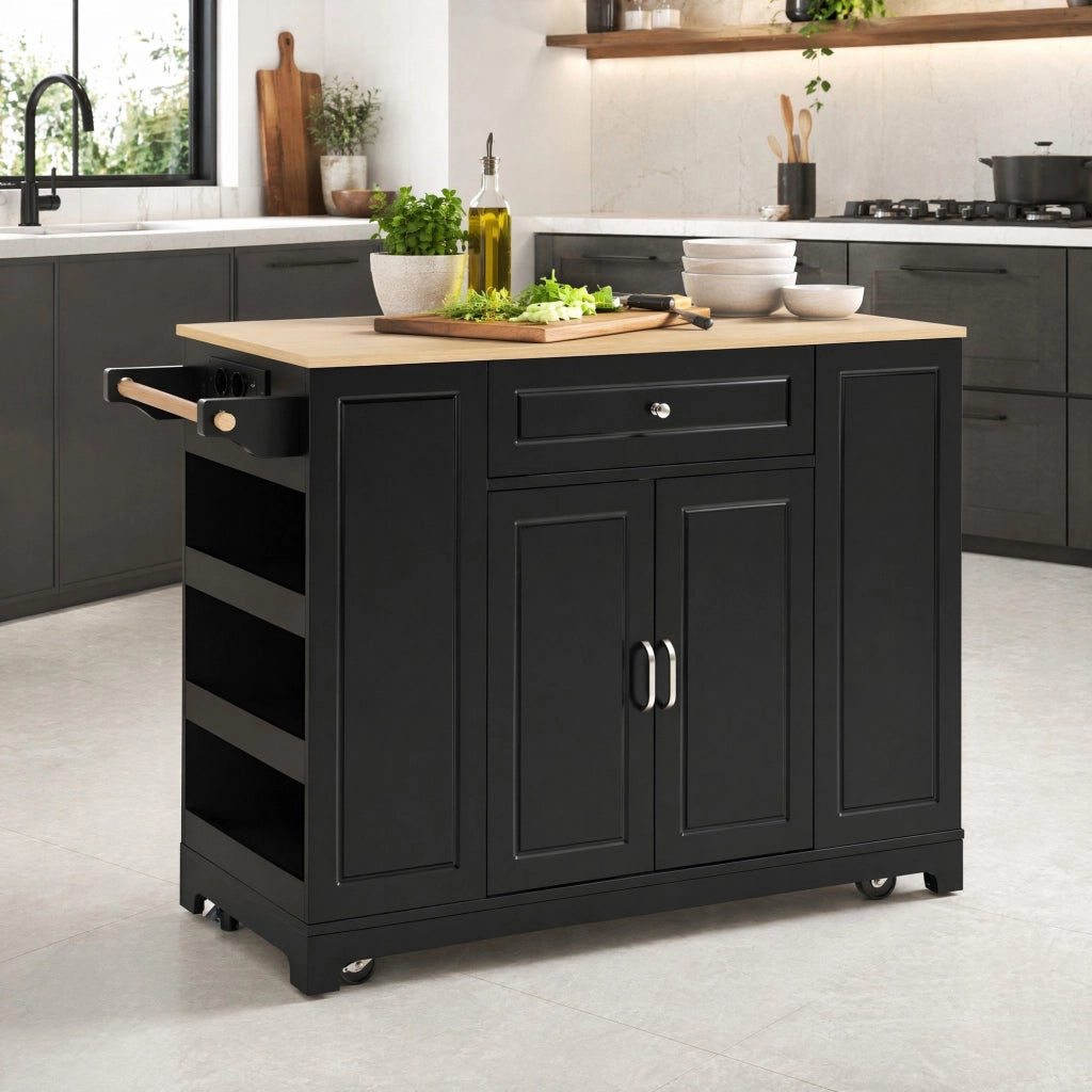 Isola da cucina mobile con piano ribaltabile; prese AC USB e USB-C; MDF; nero naturale