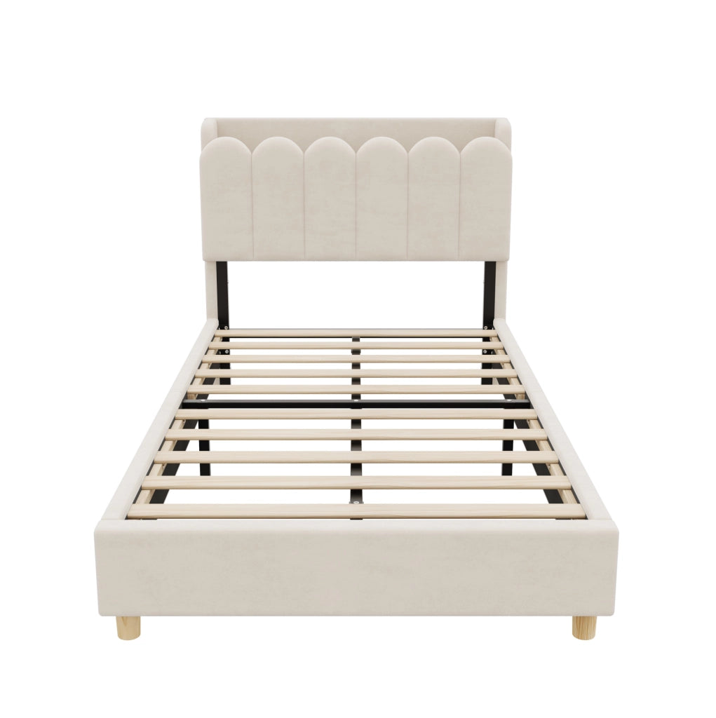 Letto singolo imbottito ULEVR 90x200 cm con rete a doghe, USB e Type-C, luce notturna, beige