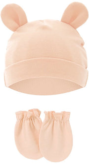 Set di copricapo e guantini per neonati, orecchini di cotone con funzione antiscuottimento, adatti per bambini da 0 a 1 anno, diametro massimo 15,5 cm, Champagne