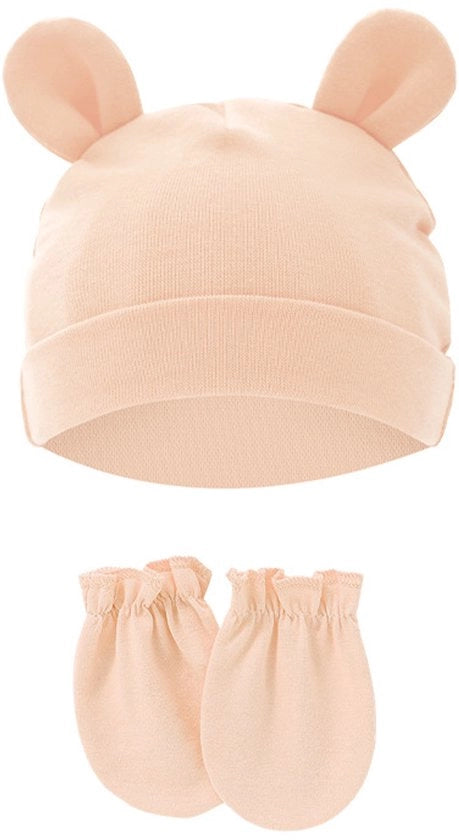 Set di copricapo e guantini per neonati, orecchini di cotone con funzione antiscuottimento, adatti per bambini da 0 a 1 anno, diametro massimo 15,5 cm, Champagne