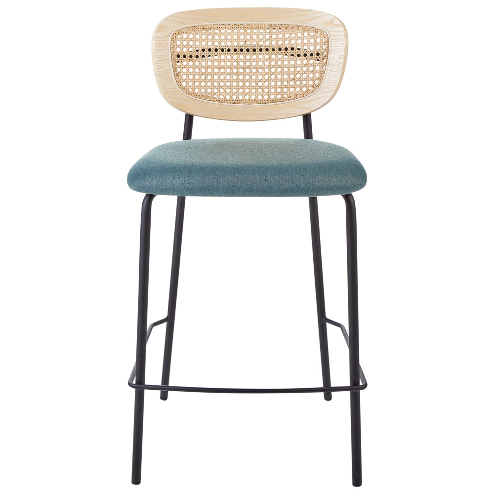 Set di 2 sedie da bar Blu Rivestimento in poliestere nero Schienale in rattan naturale a treccia viennese Gambe in metallo nero Sgabelli senza braccioli