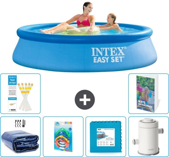 Piscina Rond Opblaasbar Easy Set - 244 x 61 cm - Blu - Inclusa Tenda Solare - Giocattoli - Pavimenti - Pompafiltro Piscina - 7 pezzi