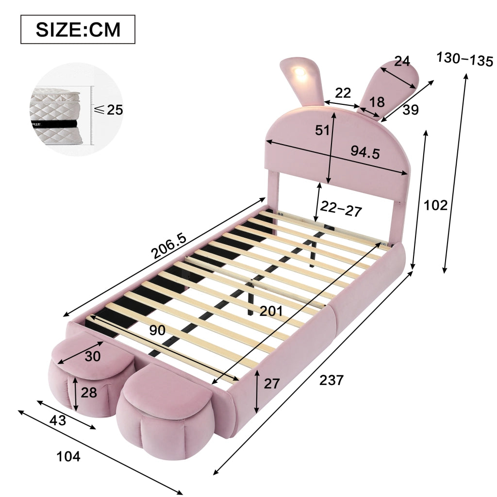 DESMIU Letto singolo 1 posto con LED regolabile e 2 pouf contenitore, 90 × 200 cm, senza materasso