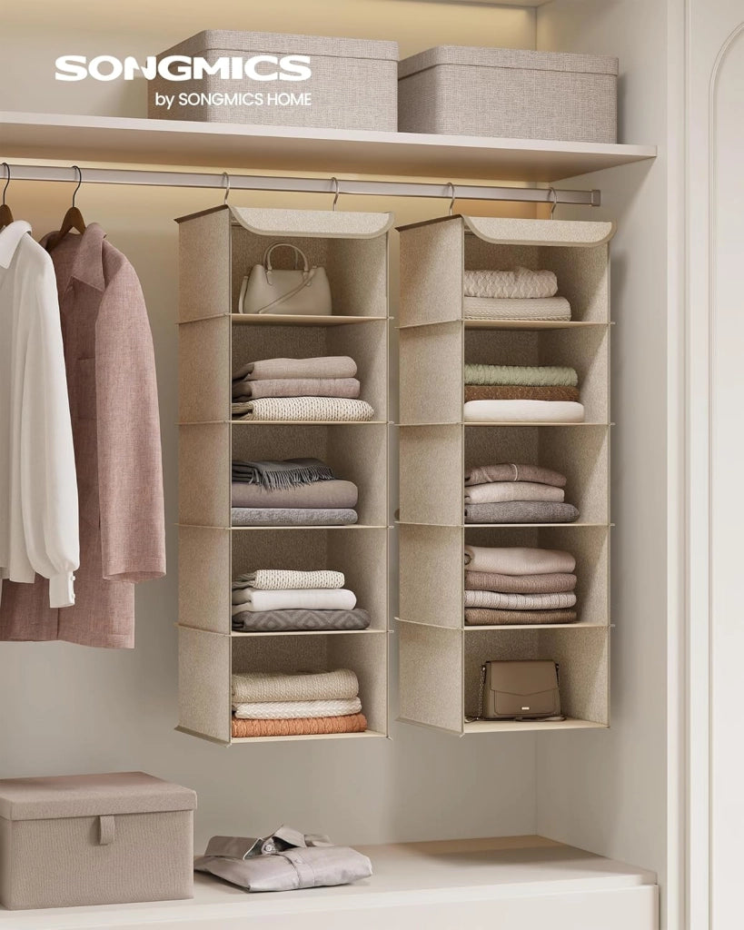 Set di 2 Portaoggetti da Appendere, Organizer Armadio da Appendere, Pieghevole e Salvaspazio, con Ganci in Metallo e Divisori Interni in Bambù, Stampa in Simil Lino, Beige Sabbia RCH005Y02