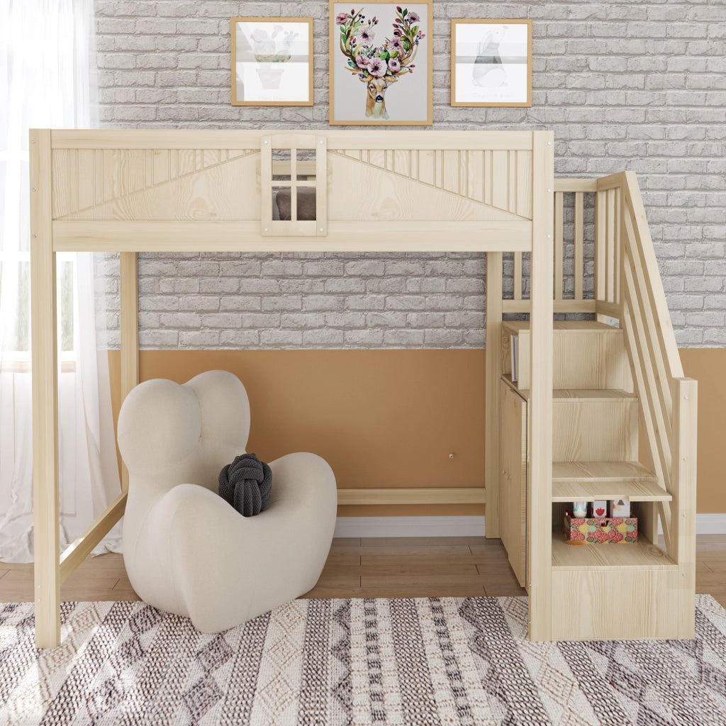 Letto a Soppalco Singolo con Contenitore Laterale; Scala Reversibile e Finestra 90 x 200 cm; senza Materasso