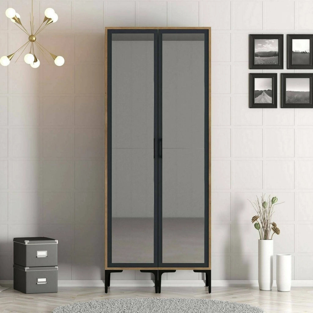 Guardaroba 2 ante Bagnone, Mobile camera da letto, Cabina armadio portabiti, Armadio appendiabiti, 80x201h48 cm, Noce e Antracite