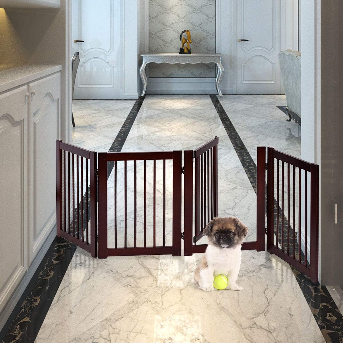 Cancelletto per Cani in Legno Massello, Cancello per Cani da Interno Girevole e Pieghevole, con 4 Ante, Cuscinetti Antiscivolo e Serratura, Ideale per Cani di Piccola/Media Taglia