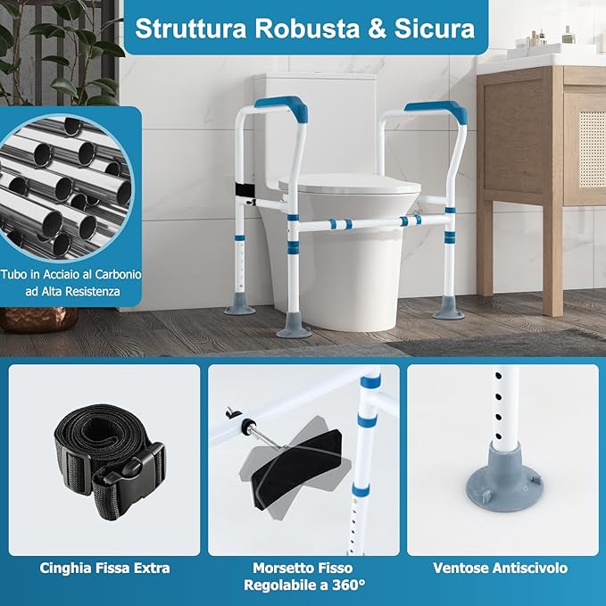 Supporto di Sicurezza Telaio Autonomo per WC, Supporto per WC Regolabile in Altezza e Larghezza con Cinghia di Fissaggio, Con Ventose Antiscivolo (Blu)