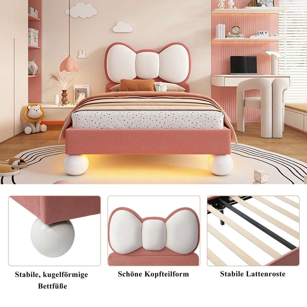 Letto imbottito singolo con testiera e LED ¨C Minimal ¨C Velluto Beige e Rosa 90x200cm con rete a doghe