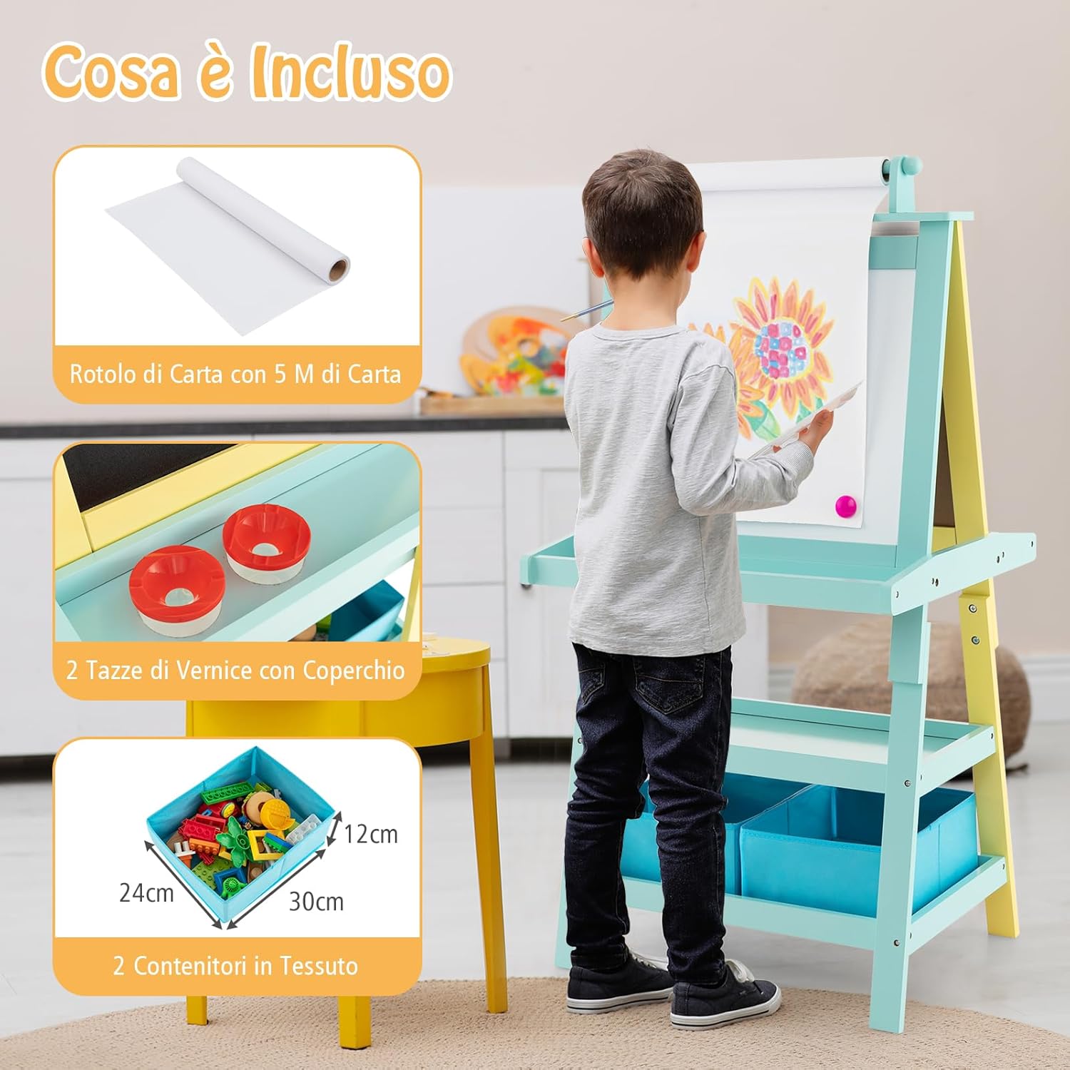 3 in 1 Cavalletto per Bambini con Doppia Faccia, Cavalletto per Disegno con 2 Vassoi e 2 Scatole, Lavagna Bambini in Legno (Verde)