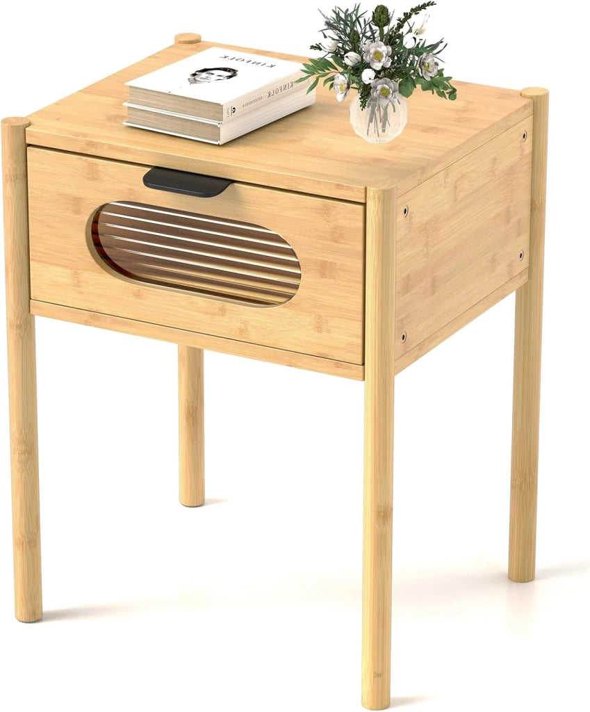 Comodino quadrato in bambù con cassetto portaoggetti in vetro temperato, gambe rialzate, tavolino per camera da letto, soggiorno, piccoli spazi, 40 x 40 x 50,5 cm