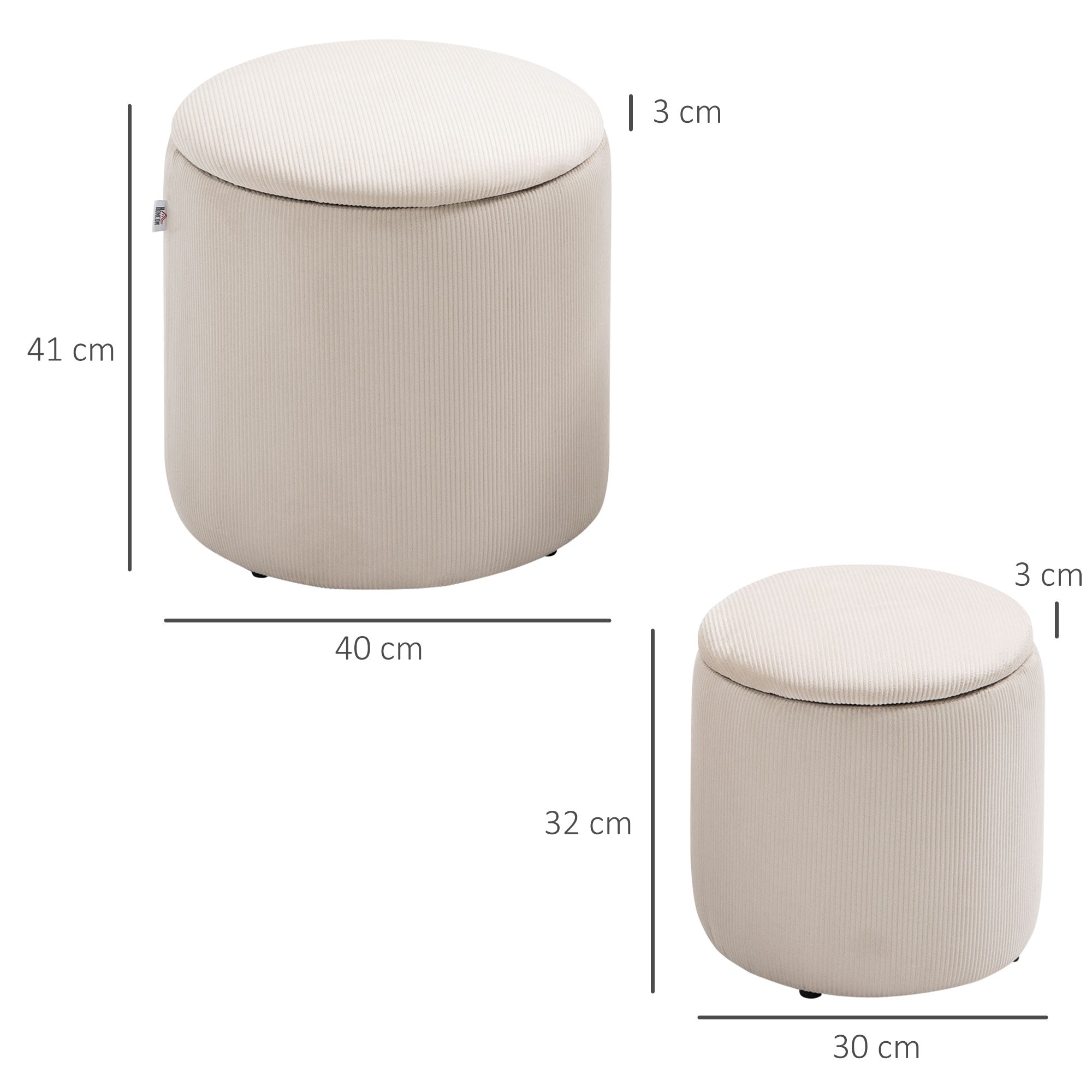 Set di 2 Pouf Contenitore Salvaspazio Rotondi e Imbottiti in Velluto a Coste Bianco