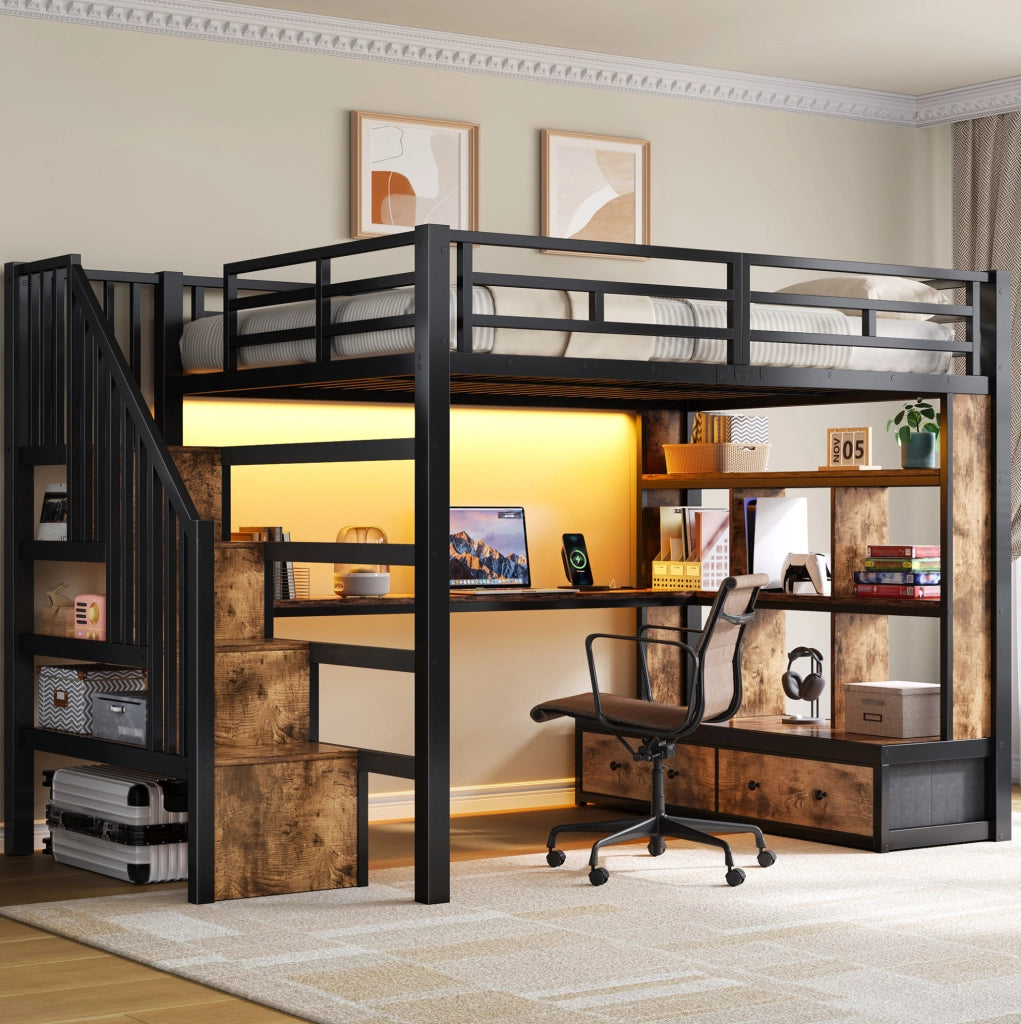 Letto a soppalco 140x200 cm in MDF e metallo con scrivania; scaffali; cassetti e LED nero