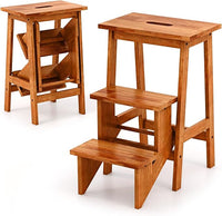 Scaletta Pieghevole, 3 in 1 Scaletta e Sgabello in Legno Multifunzione, 3 Gradini, Maniglia Comoda, Portatile e Leggera, Ideale per Studio, Soggiorno e Garage (Marrone)