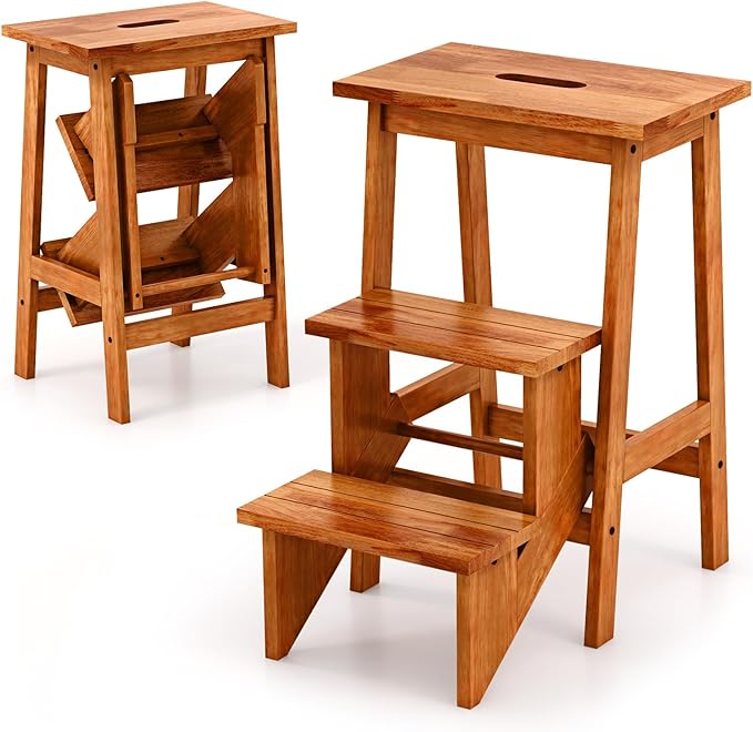 Scaletta Pieghevole, 3 in 1 Scaletta e Sgabello in Legno Multifunzione, 3 Gradini, Maniglia Comoda, Portatile e Leggera, Ideale per Studio, Soggiorno e Garage (Marrone)