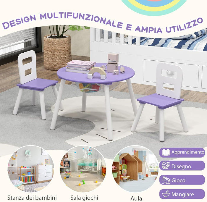 Set Tavolo Rotondo con 2 Sedie per Bambini, Set 3 Pezzi con Tavolo Attività di Legno, con Borsa a Rete, Mobile per Camera da Letto Sala Giochi per Bambini (Viola)