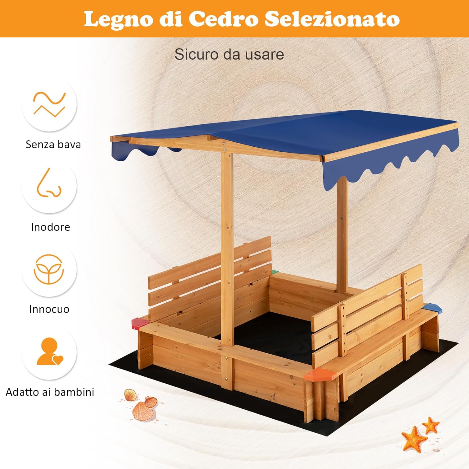 Sabbiera per Bambini in Legno con Tendina, Senza Fondo con 2 Panche Convertibili e Angoli Protettivi, Adatto per Cortile Prato Giardino Spiaggia, 121x121x121 cm