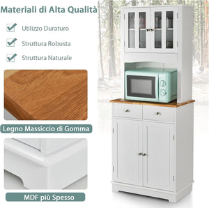 Mobile dispensa da cucina autoportante, Buffet con Piano in Legno, Credenza e 2 Cassetti, Ripiani Regolabili, Armadietto con Ante in Vetro, Spazio Aperto per Forno a Microonde, Bianco