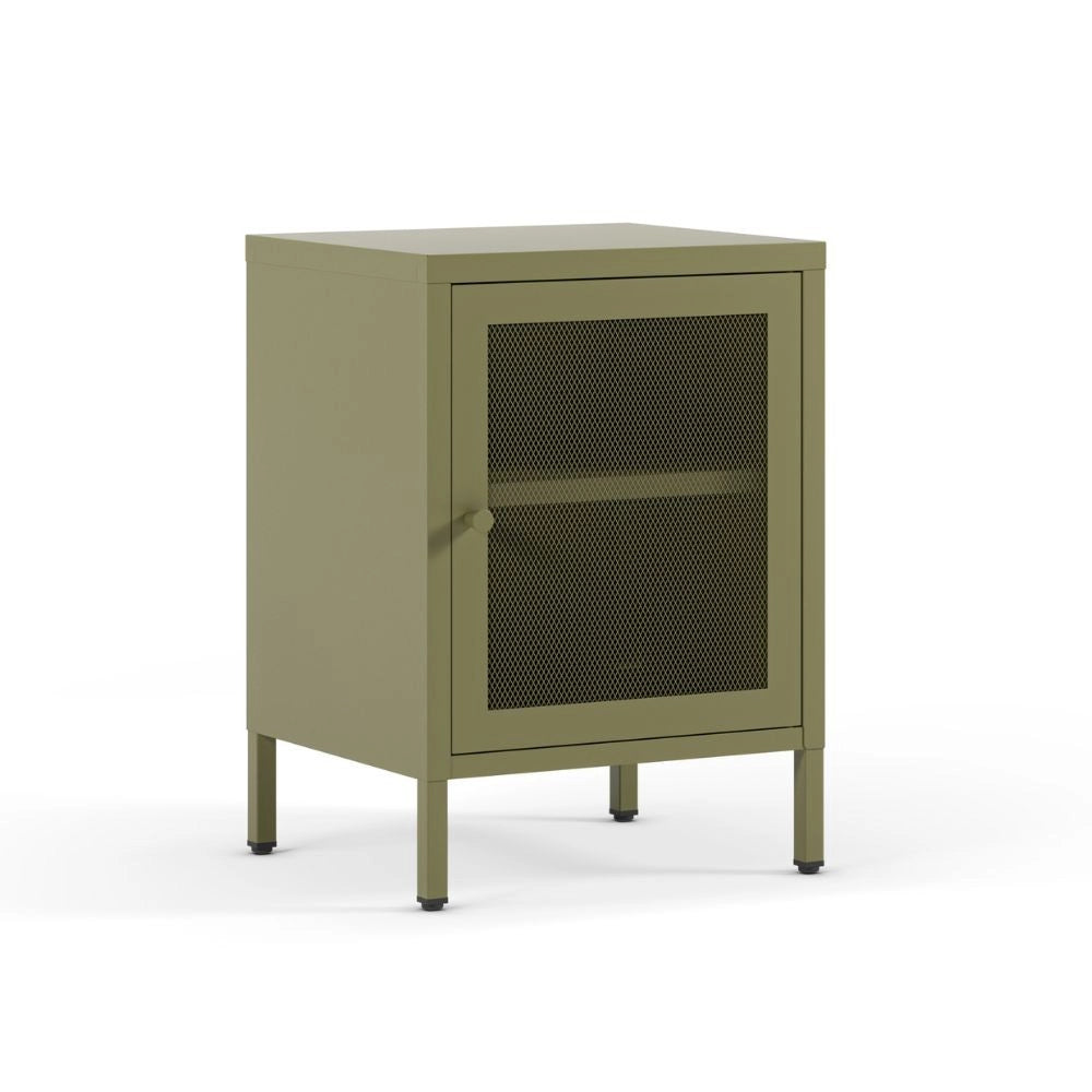 Comodino Fayna in metallo verde con anta reticolata 40x35x60H – Design industriale