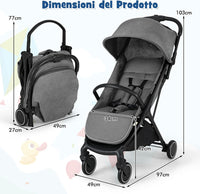 Passeggino Leggero per Bambini, Passeggino da Viaggio con Schienale Regolabile, Passeggino Portatile per Bambini con Schienale Reclinabile e Cappotta Regolabile, per Bambini 0-3 Anni (Grigio)