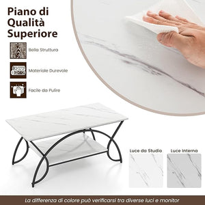 Tavolino da Caffè da Salotto, Tavolino Rettangolare a 2 Livelli con Struttura in Metallo, Tavolino Elegante e Moderno per Studio, Ufficio e Soggiorno, 100 x 50 x 45 cm (bianco e nero)