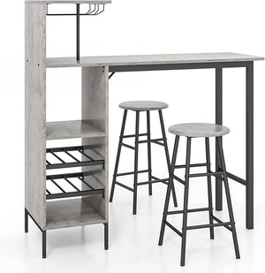 Set 3 Pezzi Tavolo e Sedie da Bar, Tavolo e Sgabelli da Pub Industriale con Porta Calici e 6 Portabottiglie da Vino, Set di Tavolo per Sala da Pranzo, Ristorante e Bar (Grigio)