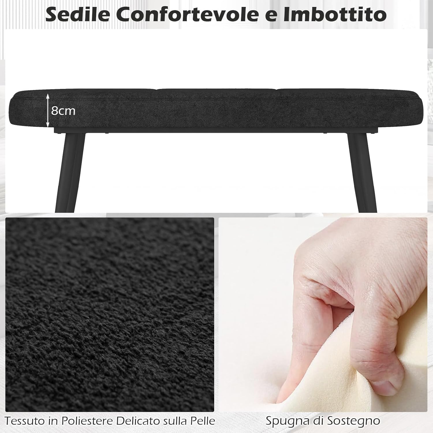 Panca Scarpiera da 113 cm, Panca da Ingresso con Cuscino Imbottito in Spugna e Gambe Metalliche Solide, Panca Fondo Letto per Soggiorno Camera da Letto, Carico 300 kg (Nero)