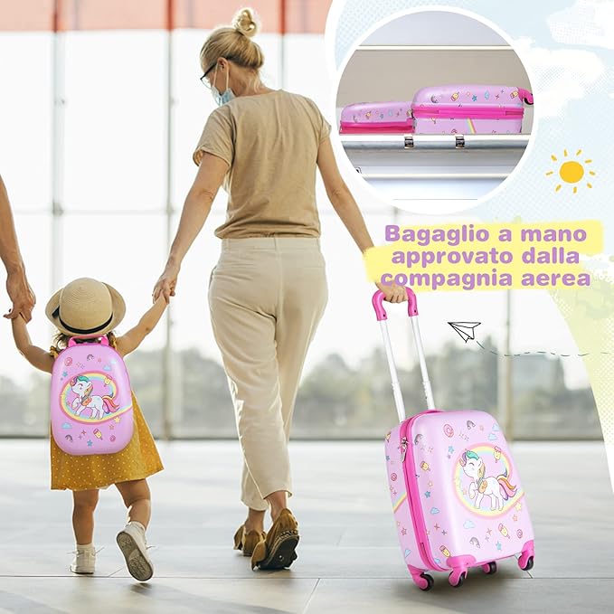 Set di Valigia per Bambini, 16" Valigia+ 12" Zaino, 2 Pezzi, con Ruote Girevoli a 360° e Maniglia Retrattile, Ideale per Viaggiare in Modo Comodo e Divertente (Modello 21)