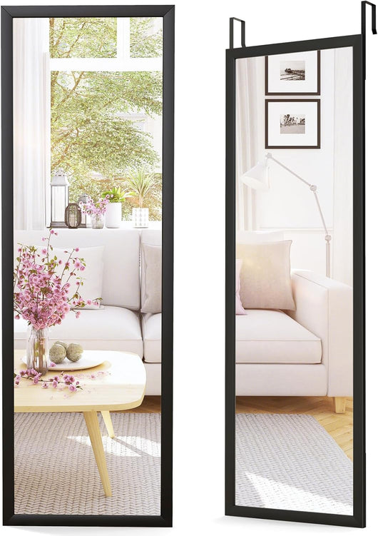 Specchio da Parete Lungo 108 x 36,5 cm, Specchio a Figura Intera Appendere con Cornice in Legno e Ganci, 2 Metodi di Montaggio e Altezza Regolabile (Nero)