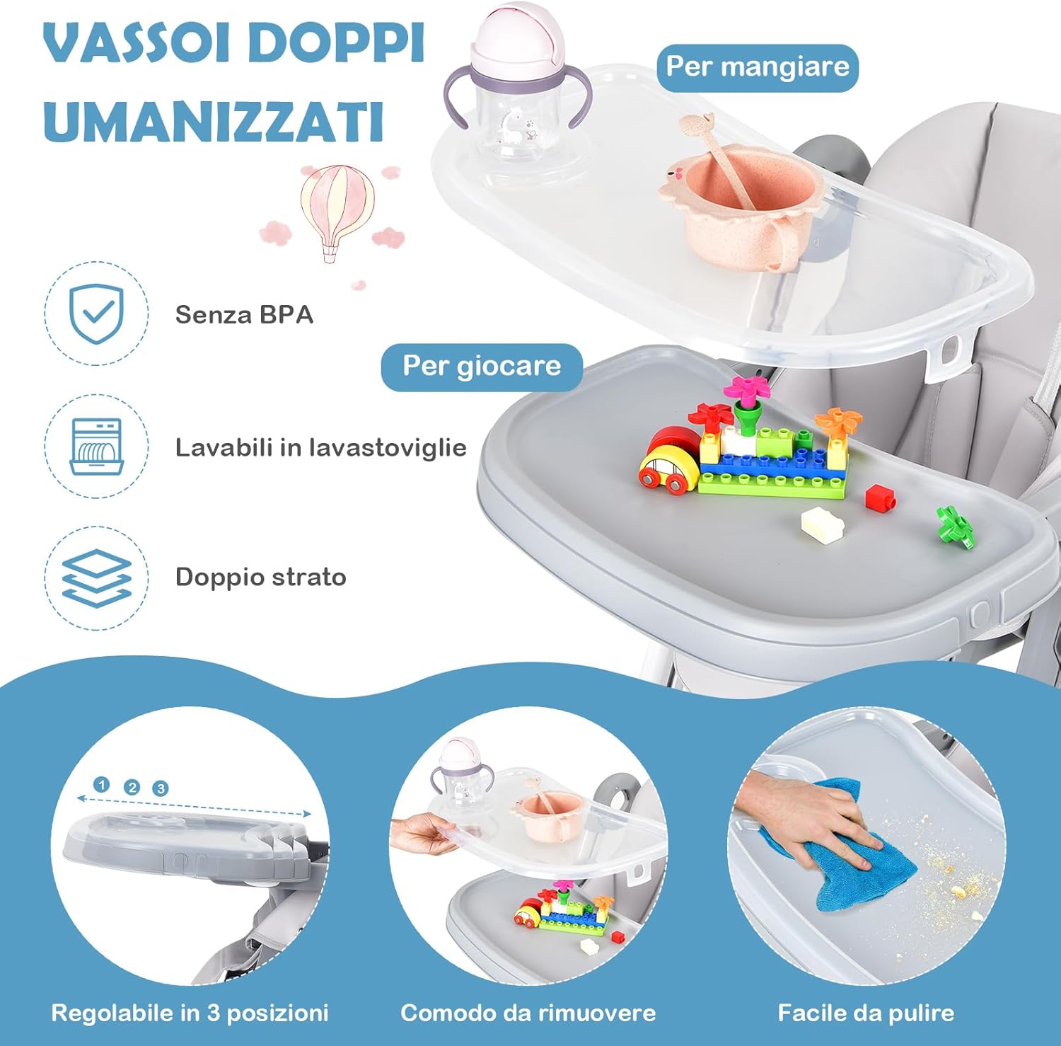 Seggiolone Pappa, Seggiolone Pieghevole con 4 Ruote, Seggiolone per Bambini con Altezza, Schienale e Poggiapiedi Regolabili, Vassoio Rimovibile, per Bambini 6-36 Mesi, Fino a 15 kg