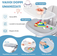 Seggiolone Pappa, Seggiolone Pieghevole con 4 Ruote, Seggiolone per Bambini con Altezza, Schienale e Poggiapiedi Regolabili, Vassoio Rimovibile, per Bambini 6-36 Mesi, Fino a 15 kg