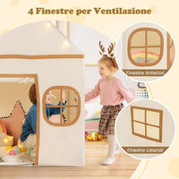 Tenda da Gioco per Bambini, con Tenda Porta e Finestre, Luci a Stella, Tappetino Antiscivolo, Casetta per Bambini e Bambine 3-10 Anni, 120 x 101 x 143 cm (Marrone)