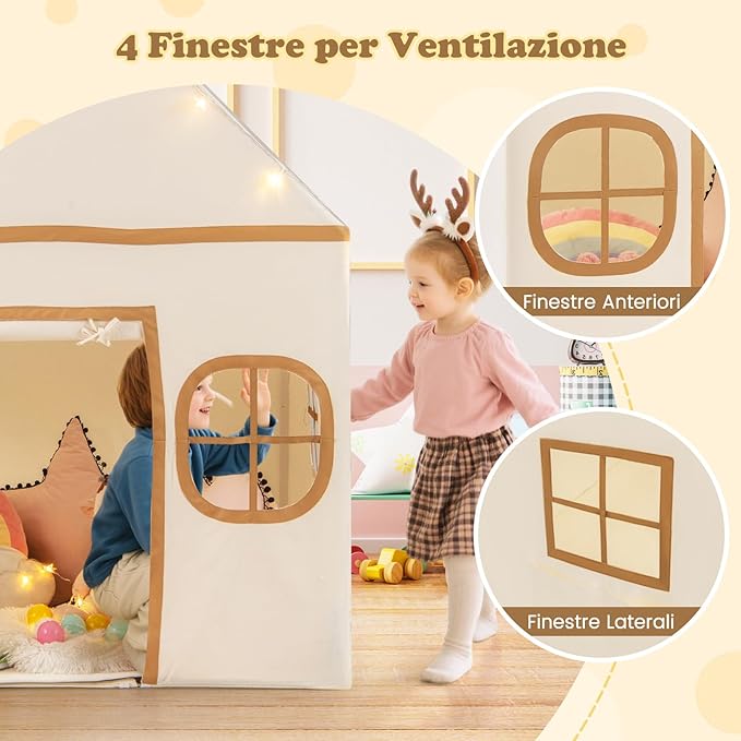 Tenda da Gioco per Bambini, con Tenda Porta e Finestre, Luci a Stella, Tappetino Antiscivolo, Casetta per Bambini e Bambine 3-10 Anni, 120 x 101 x 143 cm (Marrone)