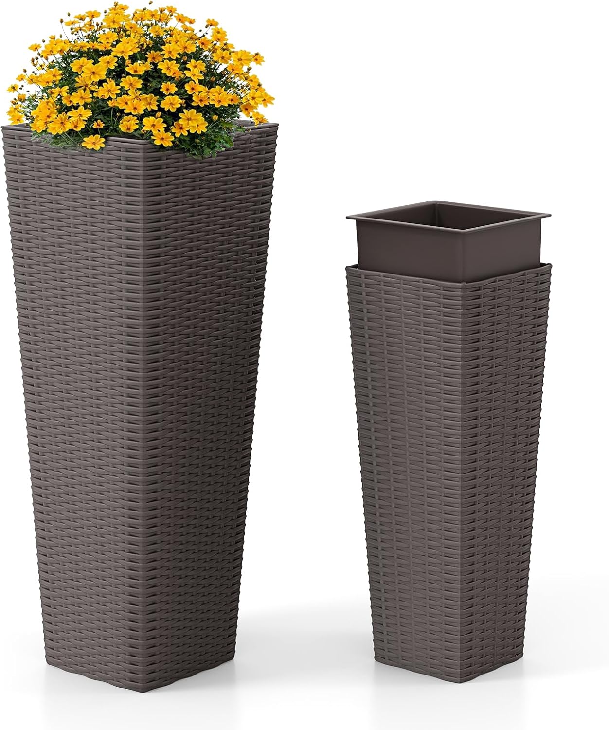 2 Vasi Alti per Piante da Interno ed Esterno, Grandi Fioriere in Rattan con Vassoi Interni Rimovibili, Fori di Drenaggio, Fioriere Decorative per Giardino, Cortile e Balcone (Marrone)