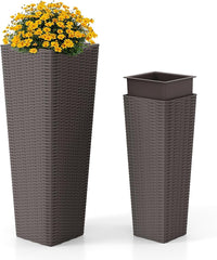 2 Vasi Alti per Piante da Interno ed Esterno, Grandi Fioriere in Rattan con Vassoi Interni Rimovibili, Fori di Drenaggio, Fioriere Decorative per Giardino, Cortile e Balcone (Marrone)