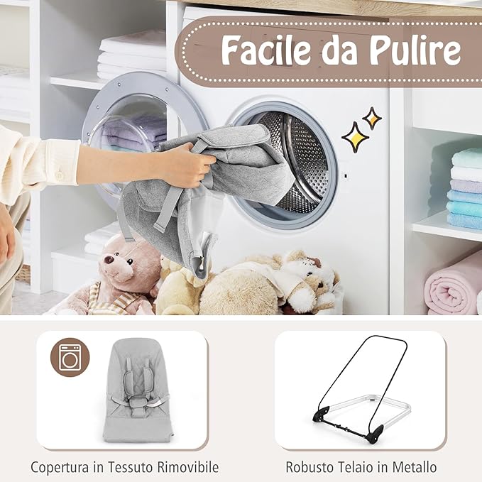 Sdraietta a Dondolo per Neonati, Sdraietta Pieghevole con Cintura di Sicurezza a 5 Punti, Sedia a Dondolo Portatile da Terra, con Base in Allumino, Grigio