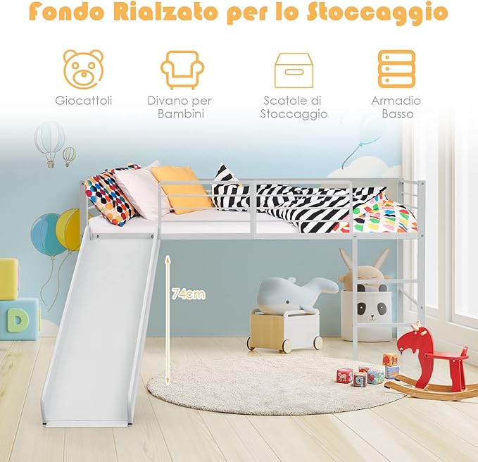 Letto Singolo a Soppalco, Struttura Letto con 4 Barriere di Sicurezza, Scala a 2 Gradini e Scivolo, Mini Struttura del Letto per Bambini, Capacità di Carico 150 kg (Bianco)
