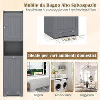 Mobile da Bagno, Armadietto Alto in Legno con Ripiano Regolabile, Cestino per Portabiancheria con Maniglie e Mensola Aperta, 40 × 40 × 170 cm, per Bagno e Cucina (Grigio)