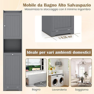 Mobile da Bagno, Armadietto Alto in Legno con Ripiano Regolabile, Cestino per Portabiancheria con Maniglie e Mensola Aperta, 40 × 40 × 170 cm, per Bagno e Cucina (Grigio)