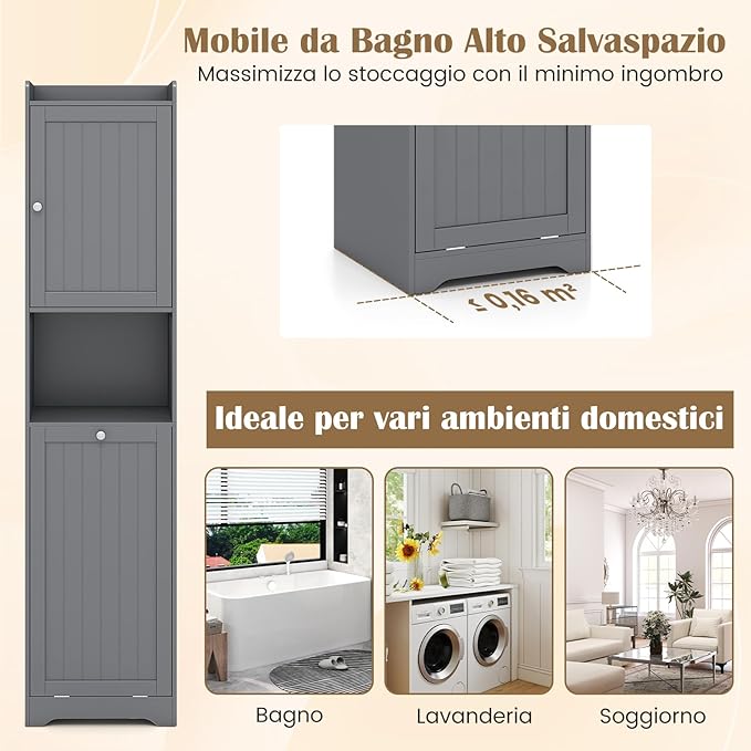 Mobile da Bagno, Armadietto Alto in Legno con Ripiano Regolabile, Cestino per Portabiancheria con Maniglie e Mensola Aperta, 40 × 40 × 170 cm, per Bagno e Cucina (Grigio)