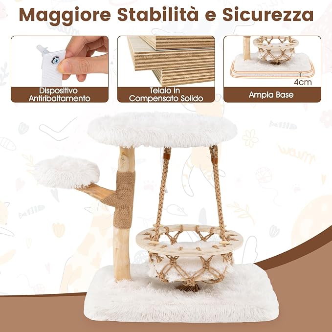 Albero per Gatti, Tiragraffi per Gattini Moderna con Dondolo Appeso, Tiragraffi e Piattaforme Imbottite, Mobili per Gatti per Arrampicata Interna